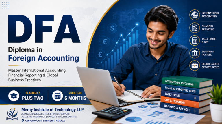 Student learning international accounting and financial reporting in the C-DIT DFA course through Mercy Institute of Technology LLP, Guruvayoor.